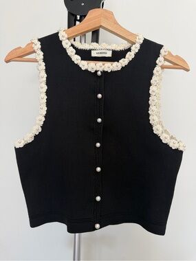 Sandro Paris Floral Pearl Trim Knit Top | Size S
